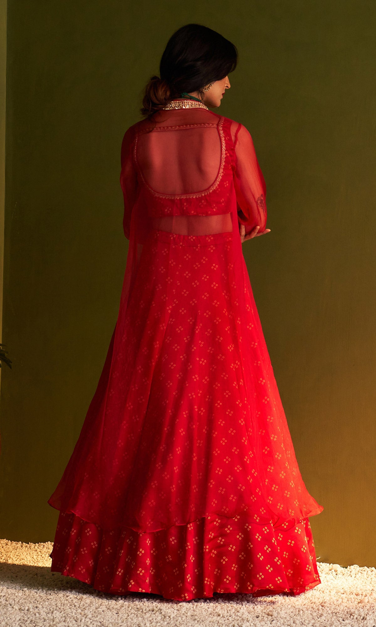 Rangreza Bandhej Red Lehnga Blouse And Jacket Set Of 3