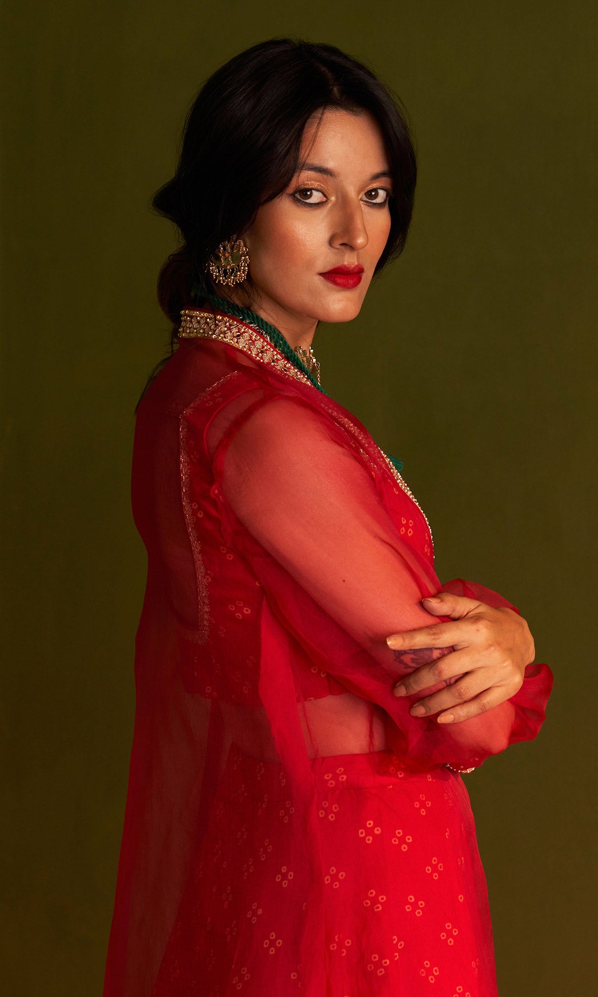 Rangreza Bandhej Red Lehnga Blouse And Jacket Set Of 3