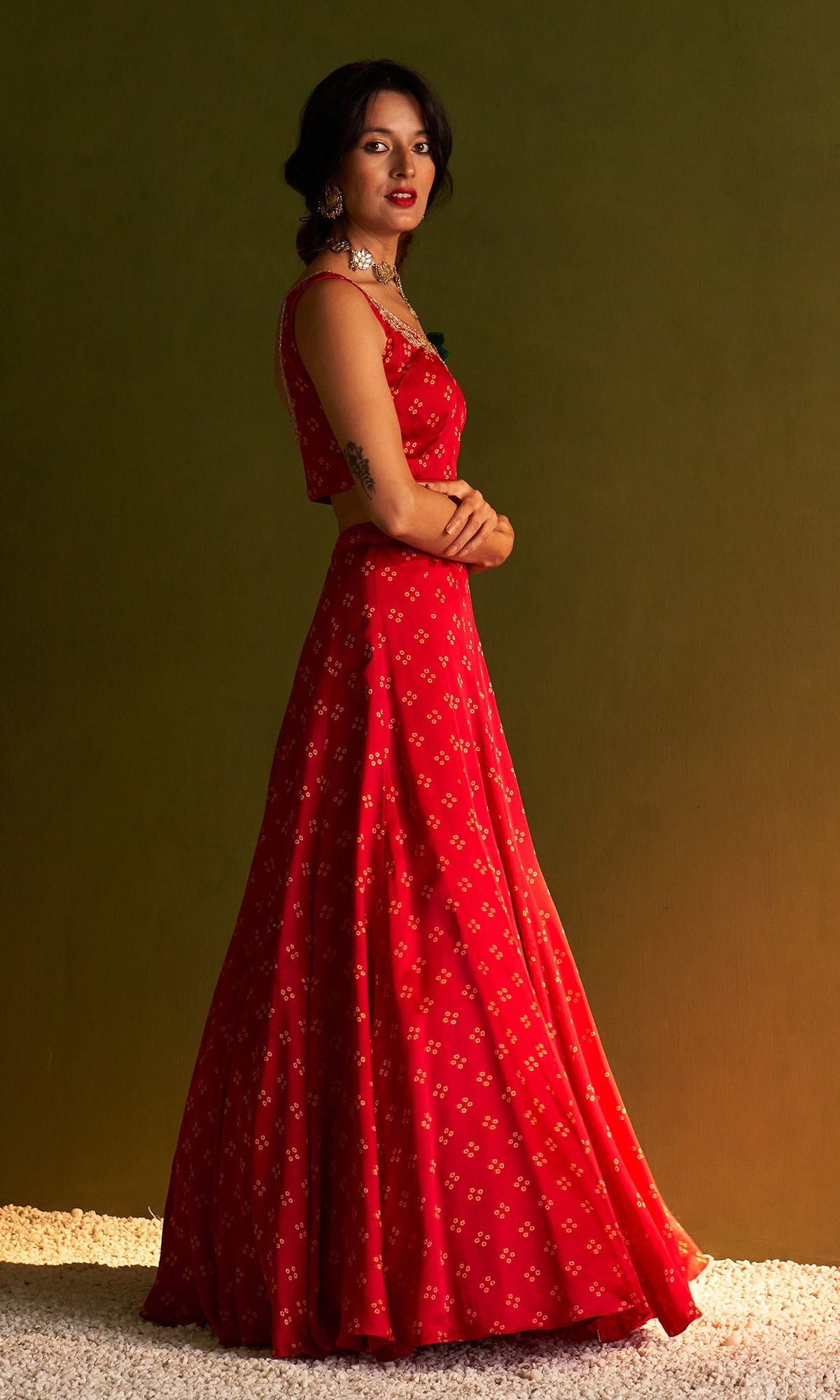 Rangreza Bandhej Red Lehnga Blouse And Jacket Set Of 3