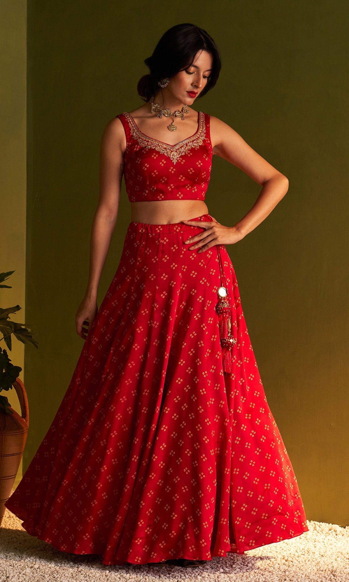 Rangreza Bandhej Red Lehnga Blouse And Jacket Set Of 3