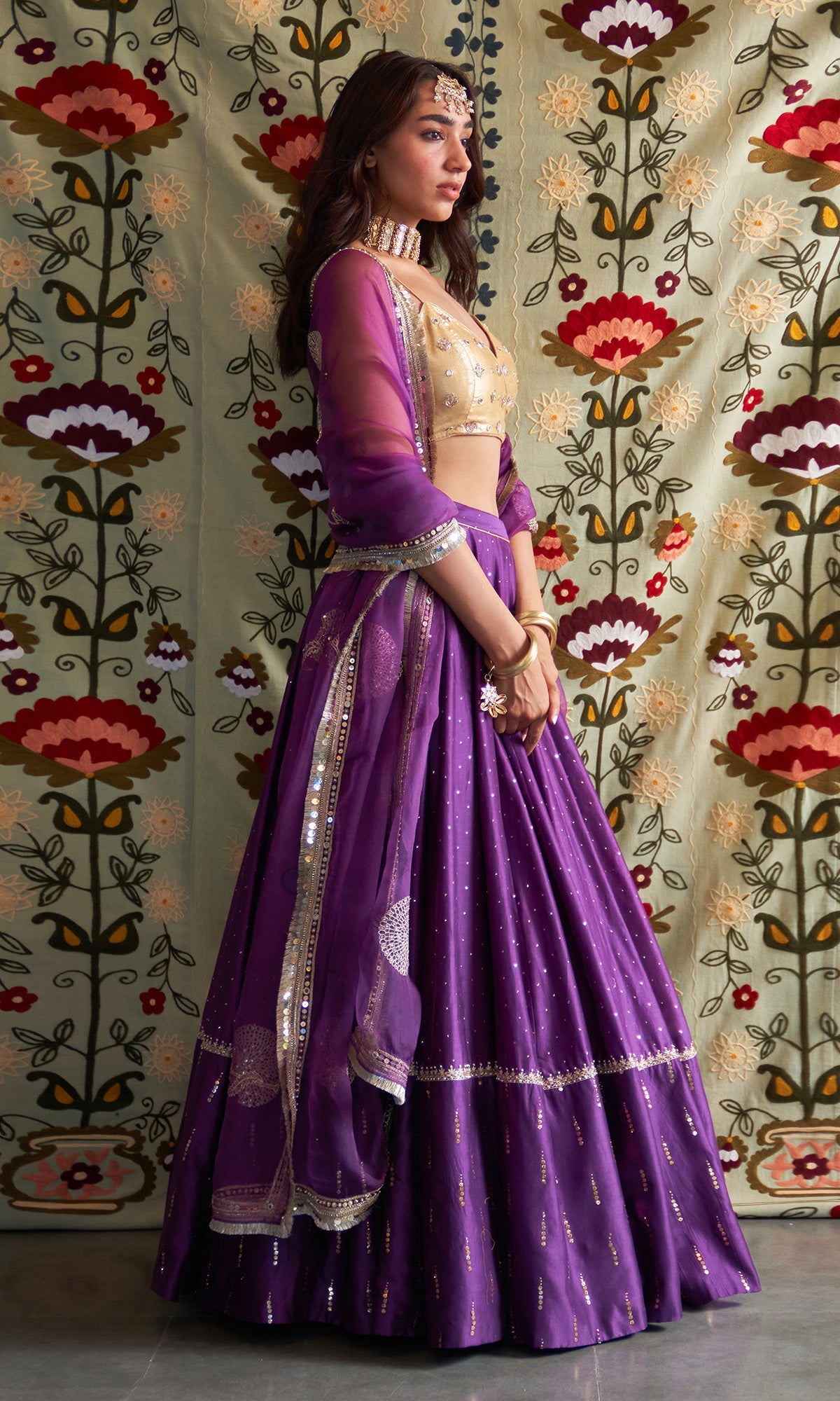 Noorani Embroidered Purple Lehenga With Strap Golden Blouse And Dupatta ( Set Of 3)