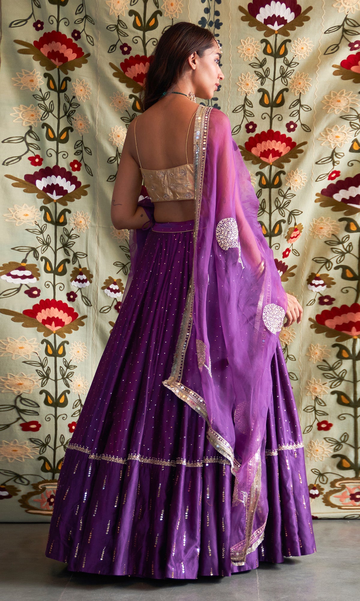 Noorani Embroidered Purple Lehenga With Strap Golden Blouse And Dupatta ( Set Of 3)