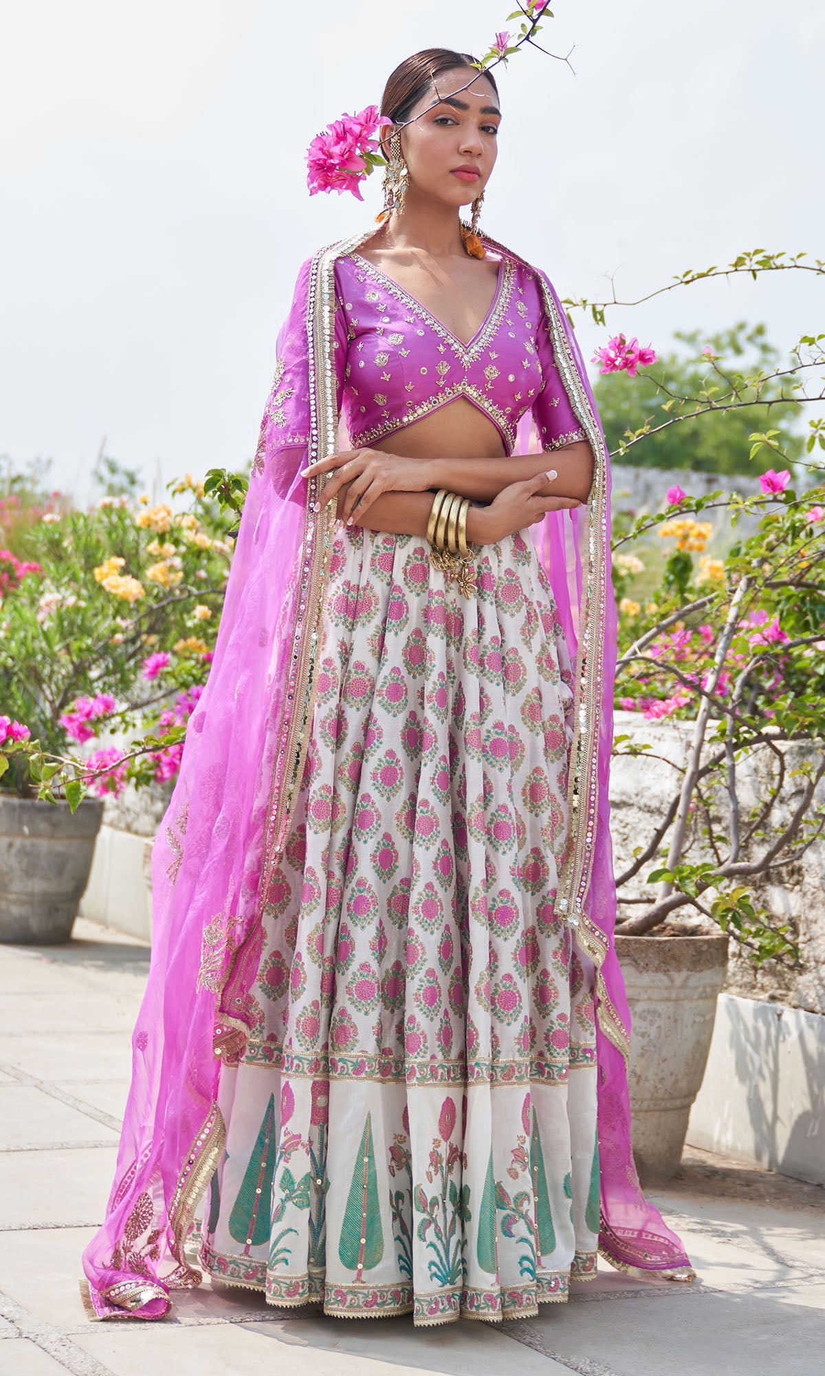Boond Vol. 2 Pink Mughal Buta Lehenga With Solid Pink Embroidered Blouse And Dupatta(Set Of 3)