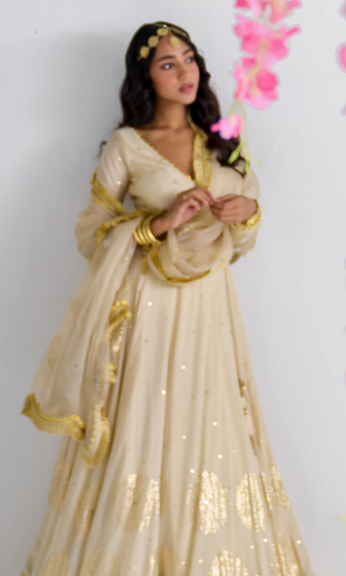 Firdaus Florals Beige Mukaish Work And Foil Printed Lehenga With Mukaish Work Blouse And Foil Printed Dupatta - Set of 3
