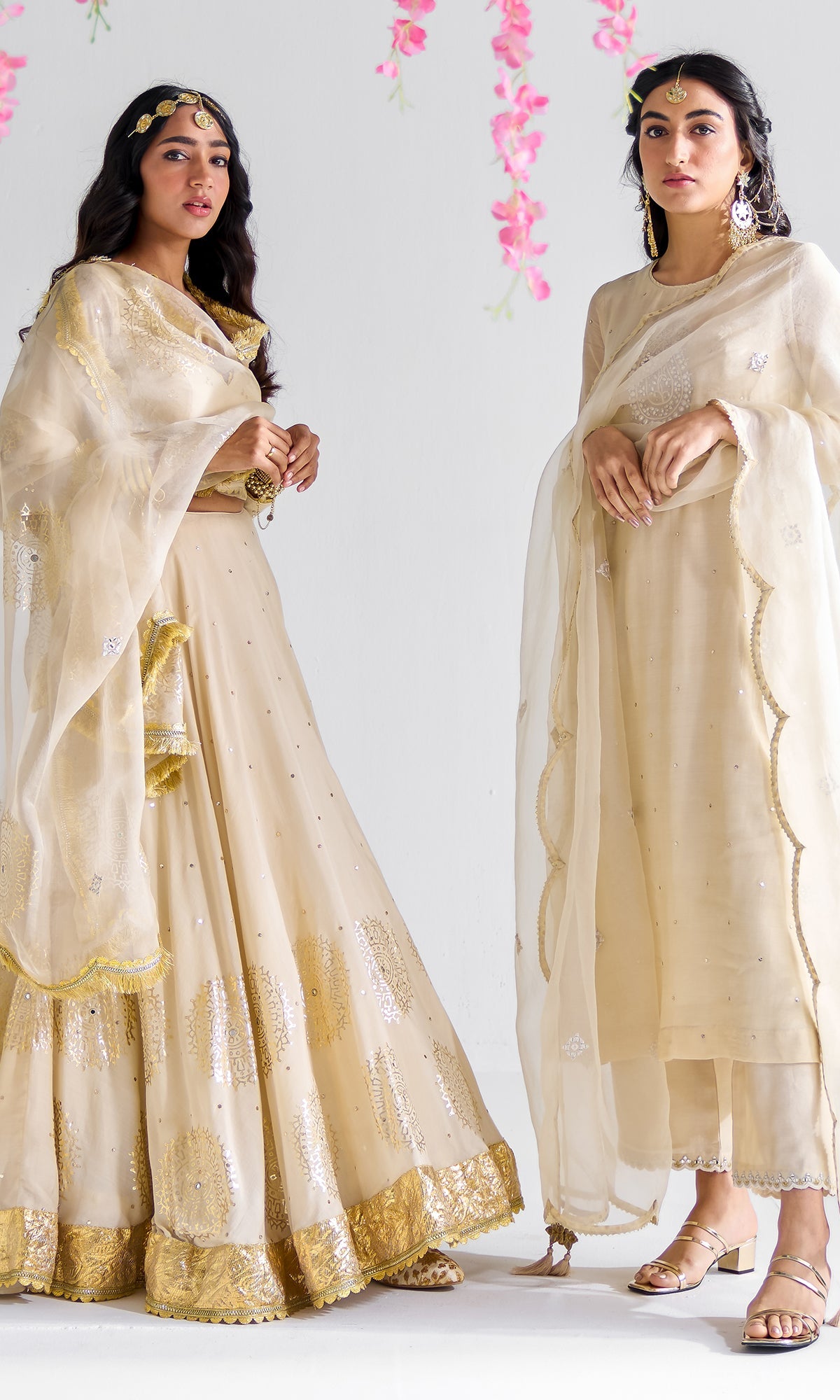Firdaus Florals Beige Mukaish Work And Foil Printed Lehenga With Mukaish Work Blouse And Foil Printed Dupatta - Set of 3