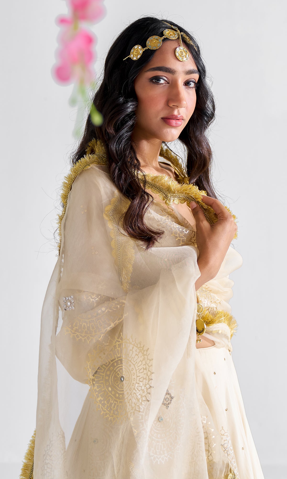 Firdaus Florals Beige Mukaish Work And Foil Printed Lehenga With Mukaish Work Blouse And Foil Printed Dupatta - Set of 3
