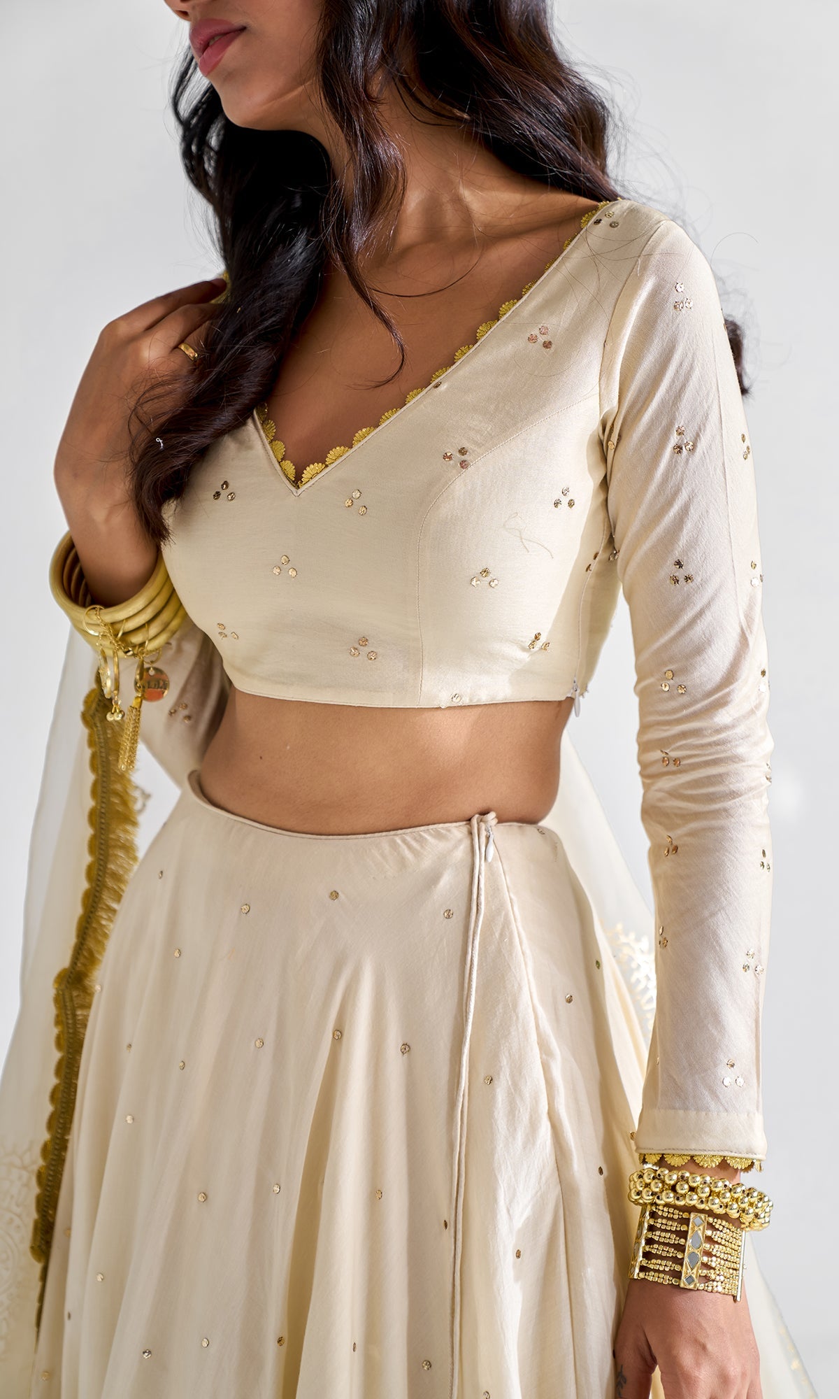 Firdaus Florals Beige Mukaish Work And Foil Printed Lehenga With Mukaish Work Blouse And Foil Printed Dupatta - Set of 3