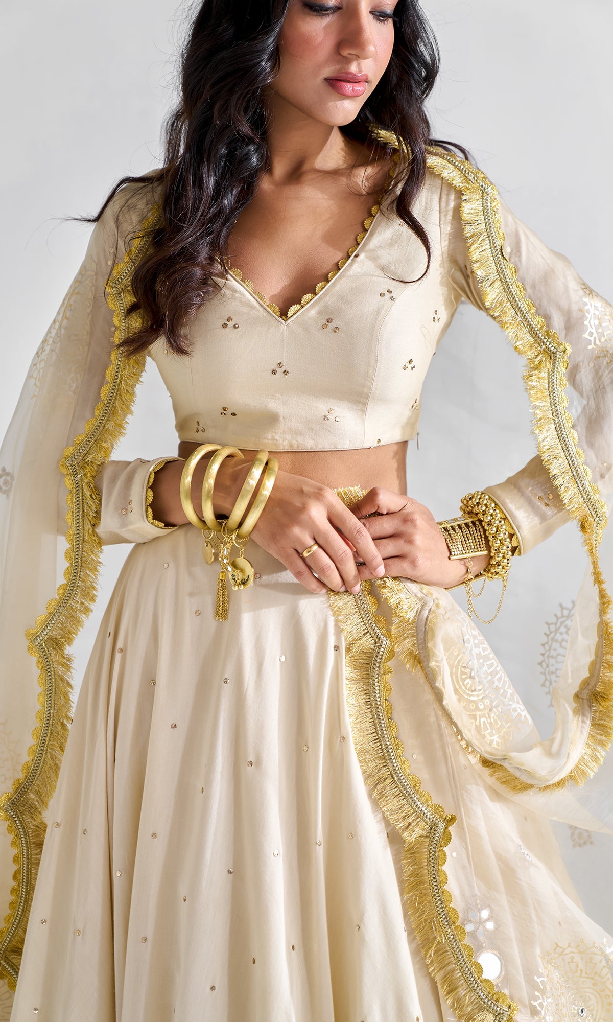 Firdaus Florals Beige Mukaish Work And Foil Printed Lehenga With Mukaish Work Blouse And Foil Printed Dupatta - Set of 3