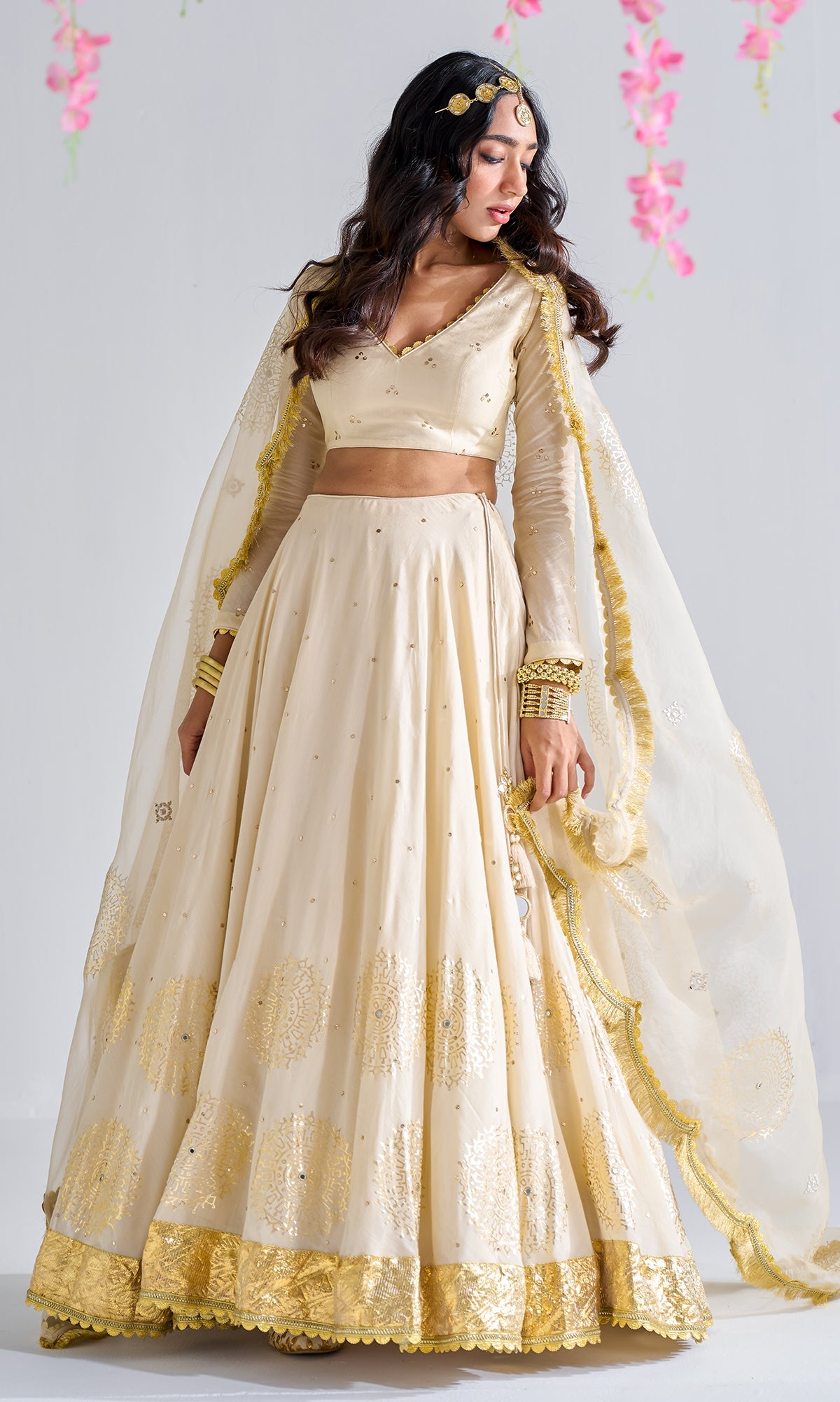 Firdaus Florals Beige Mukaish Work And Foil Printed Lehenga With Mukaish Work Blouse And Foil Printed Dupatta - Set of 3