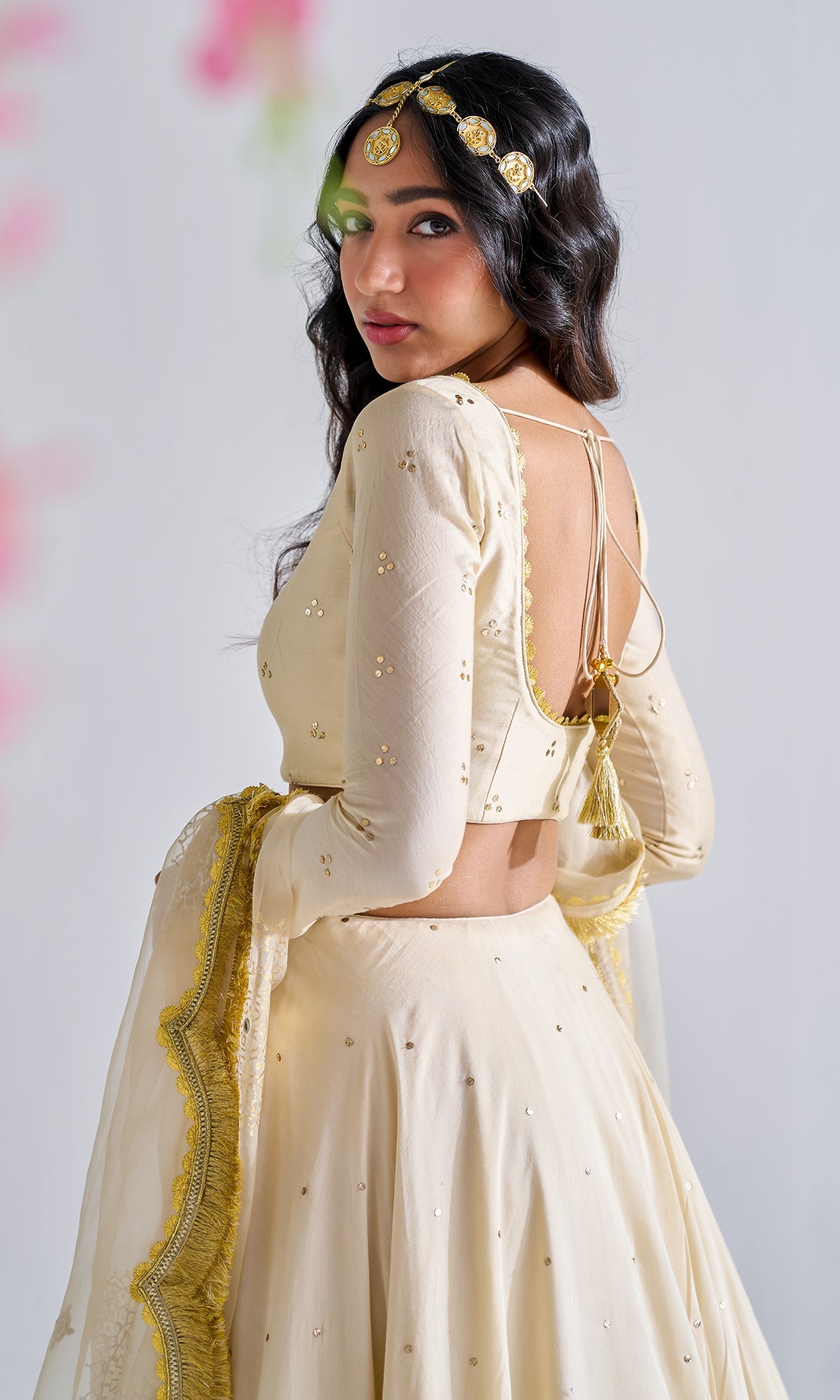 Firdaus Florals Beige Mukaish Work And Foil Printed Lehenga With Mukaish Work Blouse And Foil Printed Dupatta - Set of 3