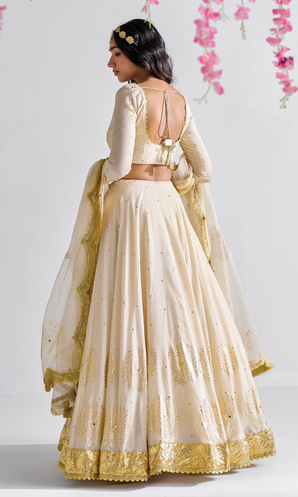 Firdaus Florals Beige Mukaish Work And Foil Printed Lehenga With Mukaish Work Blouse And Foil Printed Dupatta - Set of 3