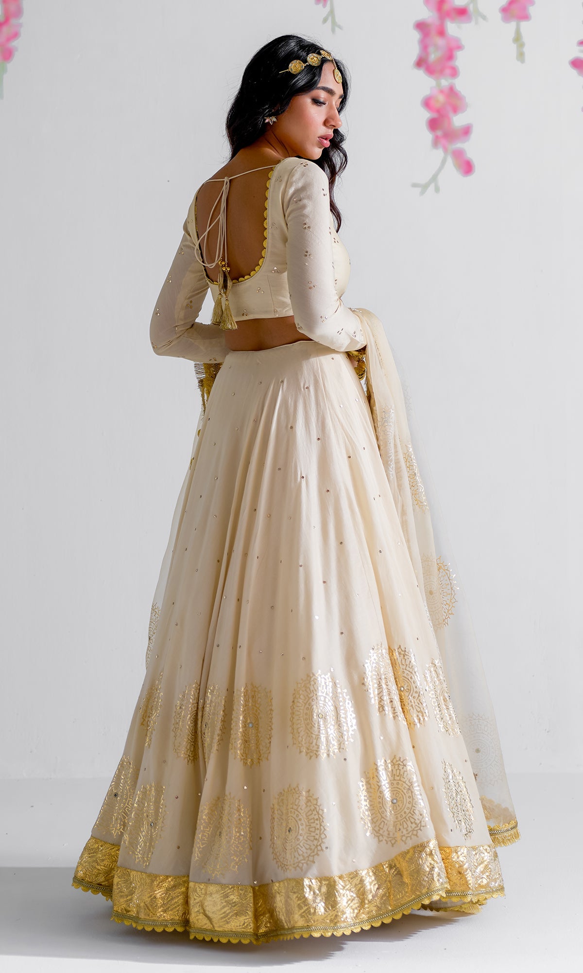 Firdaus Florals Beige Mukaish Work And Foil Printed Lehenga With Mukaish Work Blouse And Foil Printed Dupatta - Set of 3