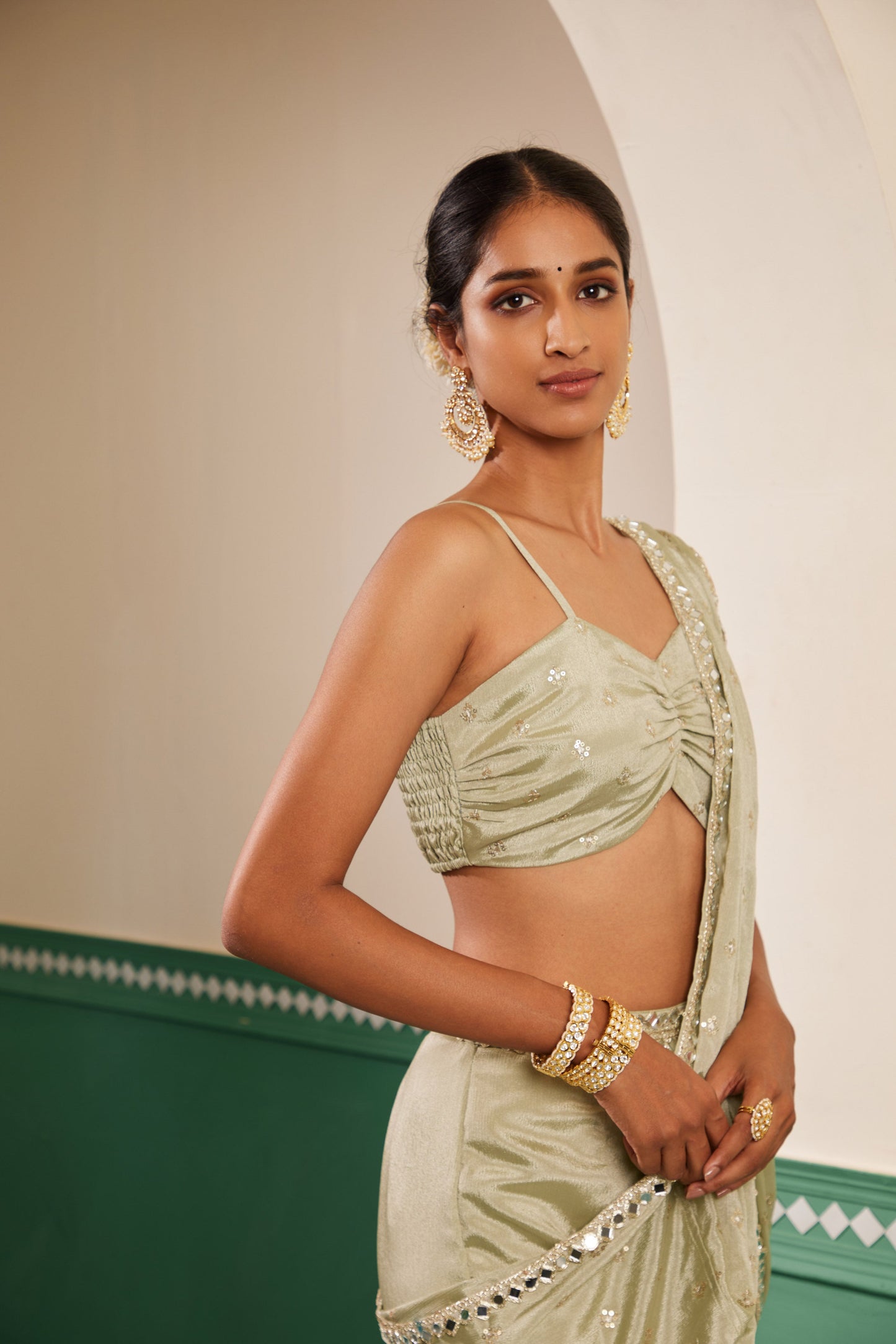 Sajda Sage Green Embroidered Gharara Sari Set