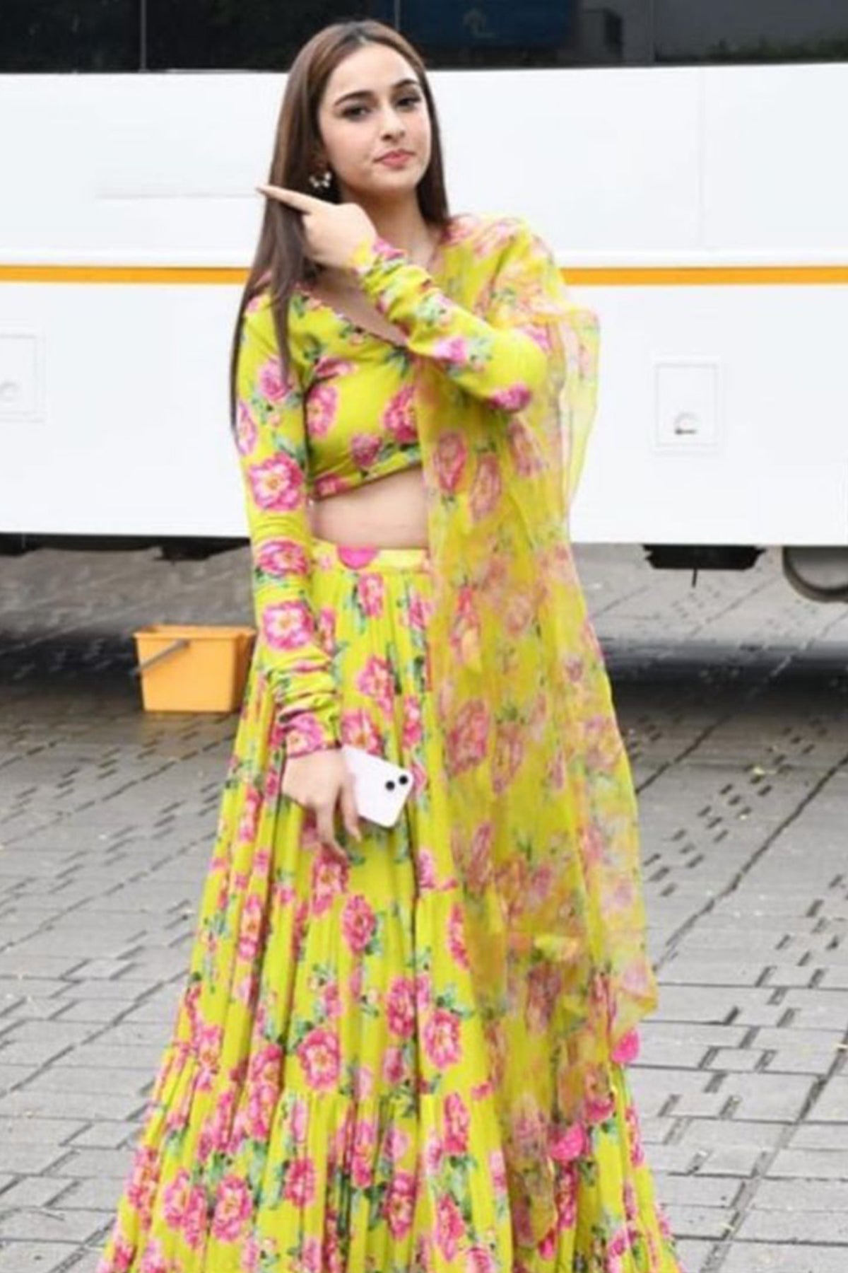 Sadia Khateeb in Falak Vol. 2 Neon Green Chooridar Sleeves Floral Blouse with Lehenga and Dupatta - Set of 3