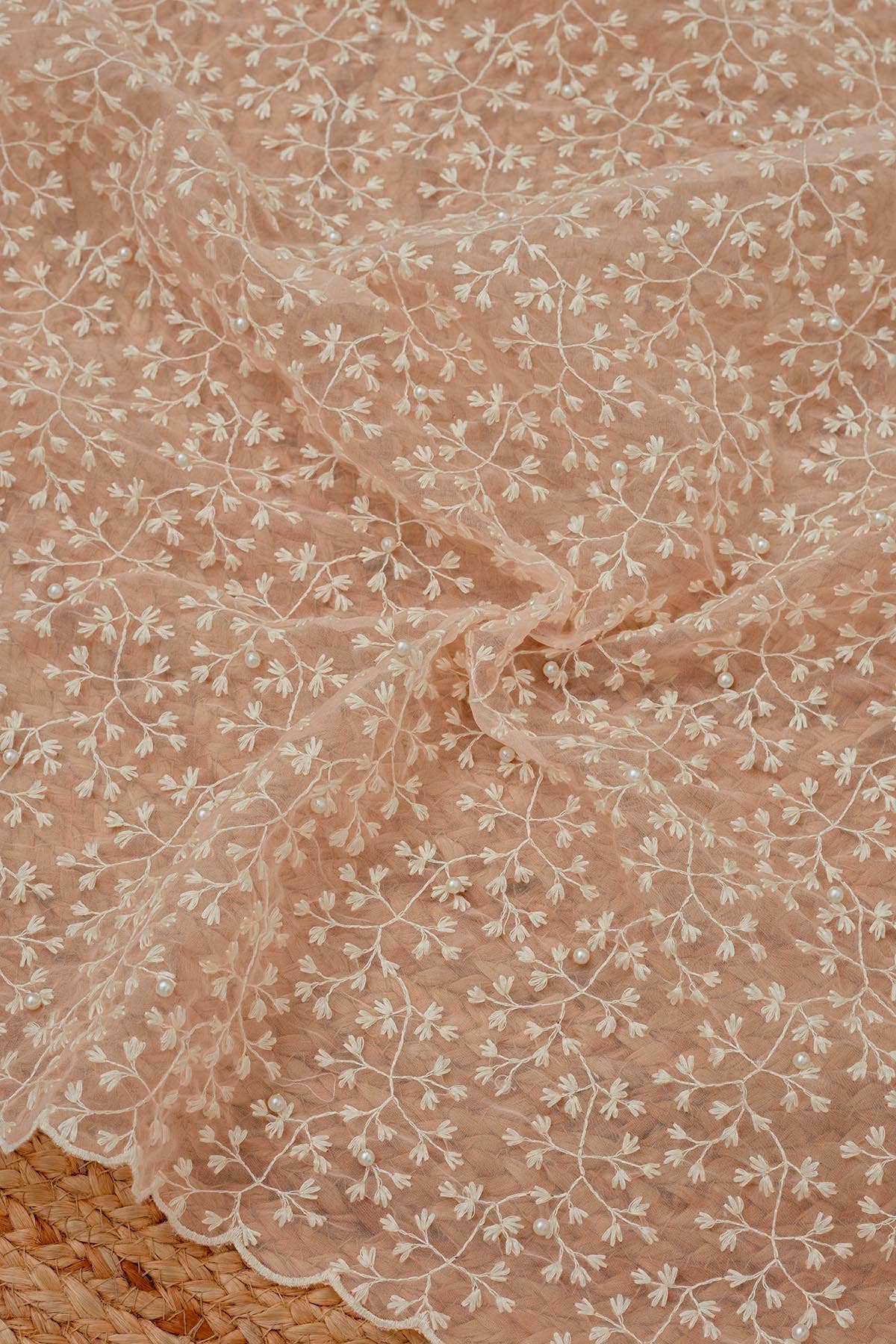 Peach Organza Embroidered Dupatta With Pearl