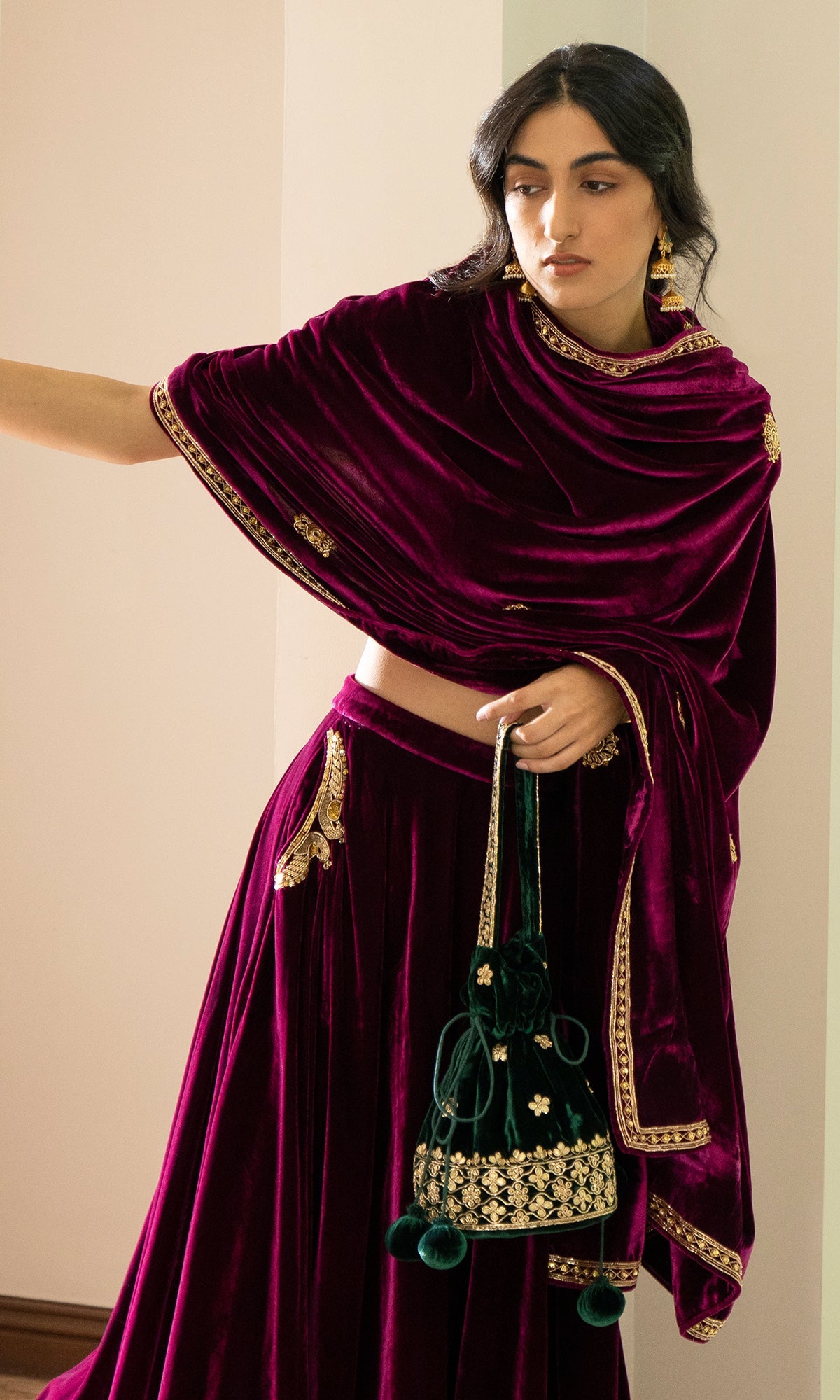 Bareen Embroidered  - Deep Orchid velvet Lehenga With Blouse - Set of 2
