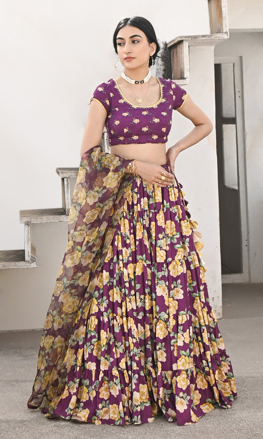 Falak Vol. 2 Purple Short Sleeve Blouse and Tiered Lehenga with Dupatta - Set of 3