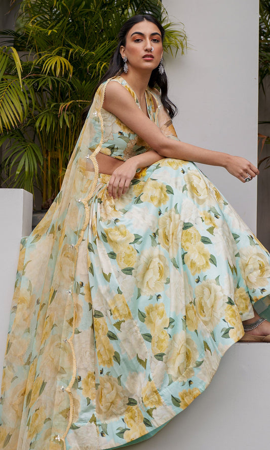 AZRA AQUA FLORAL PRINTED FLORAL LEHENGA WITH FLORAL PRINTED BLOUSE AND DUPATTA - SET OF 3