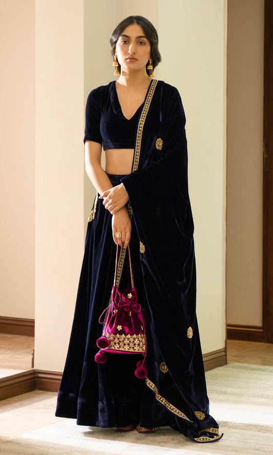 Bareen Embroidered  - Royal Blue velvet Lehanga With Blouse - Set of 2