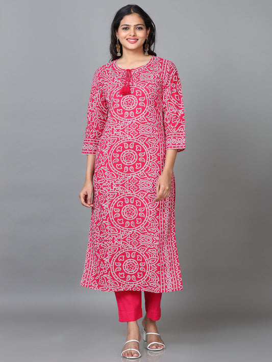 Pink 3/4 Sleeve Cotton Printed Straight calf-long Kurta Set