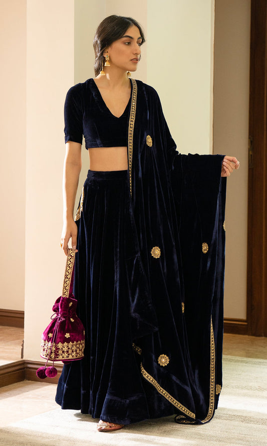 Bareen Embroidered  - Royal Blue velvet Lehanga With Blouse - Set of 2