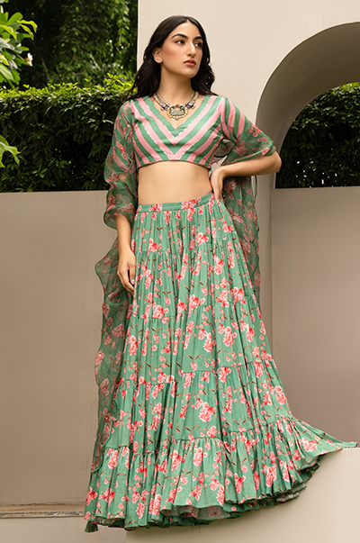 Falak Green Floral print Gathered Lehenga with stripe blouse and Dupatta- Set of 3