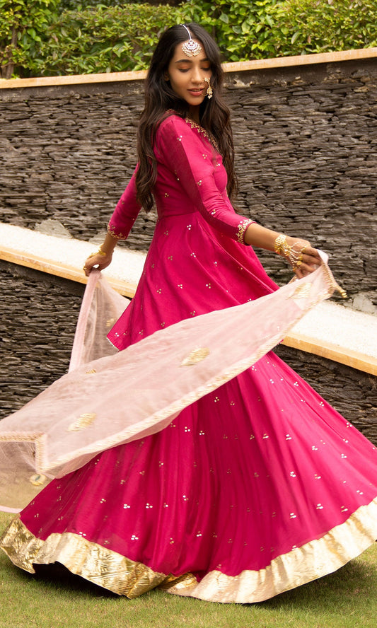 Jamaal Rani Pink Mukaish Chanderi Kurta with mukaish chanderi Lehenga and Organza Dupatta - Set of 3