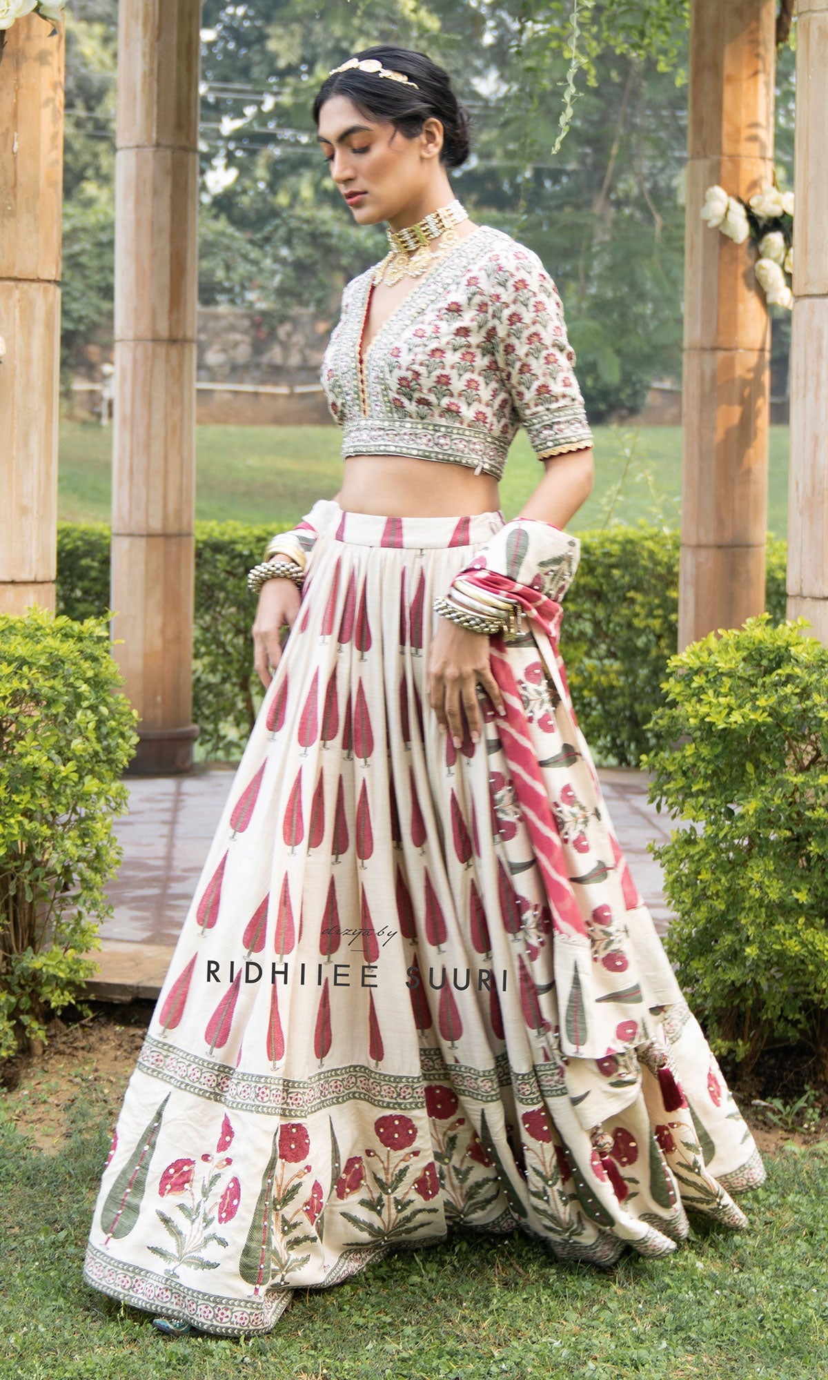 Bareen Mughal Red Block Printed Lehenga Set With Lehariya dupatta - Set Of 3 - Red