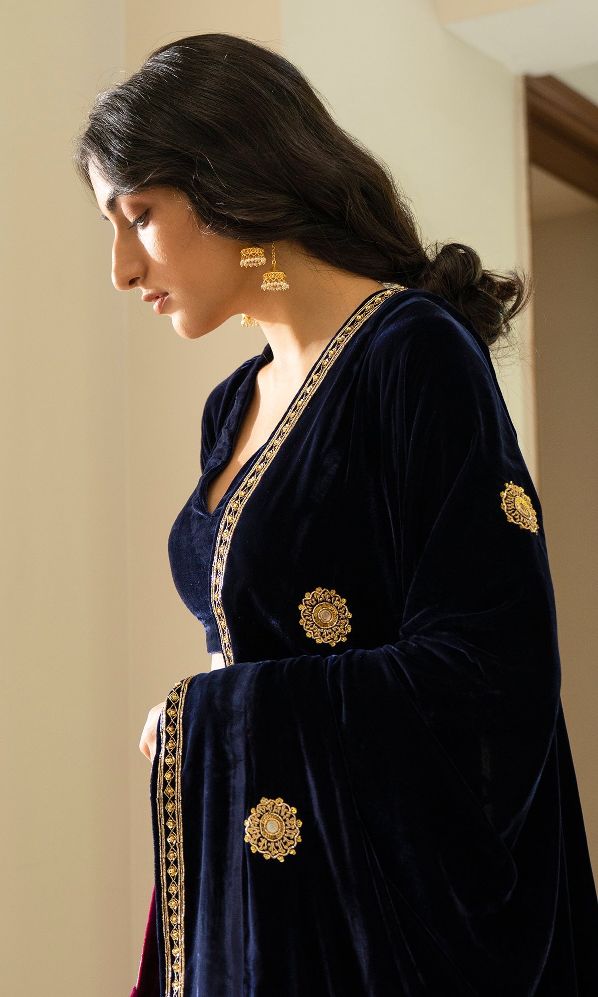 Bareen Embroidered  - Royal Blue velvet Lehanga With Blouse - Set of 2