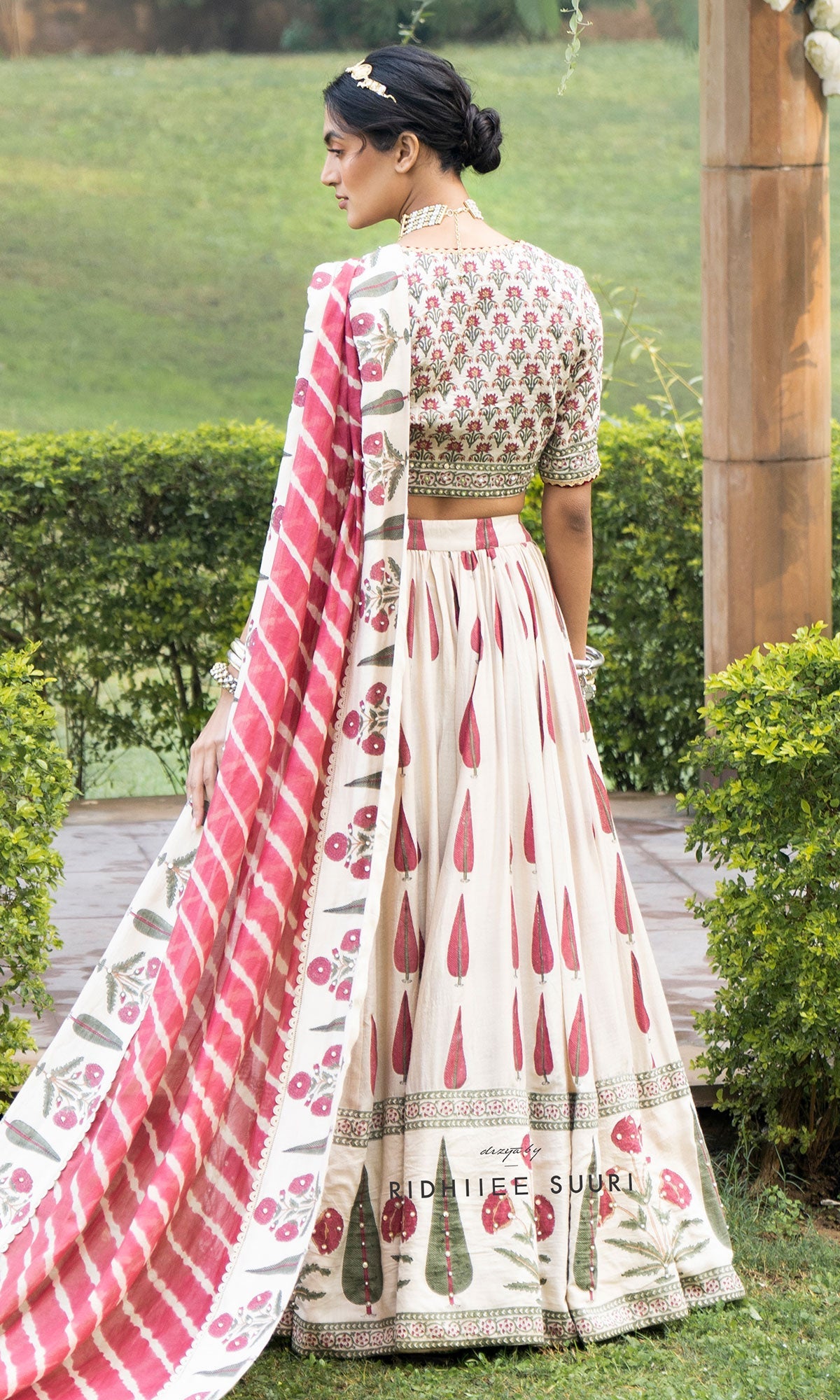 Bareen Mughal Red Block Printed Lehenga Set With Lehariya dupatta - Set Of 3 - Red