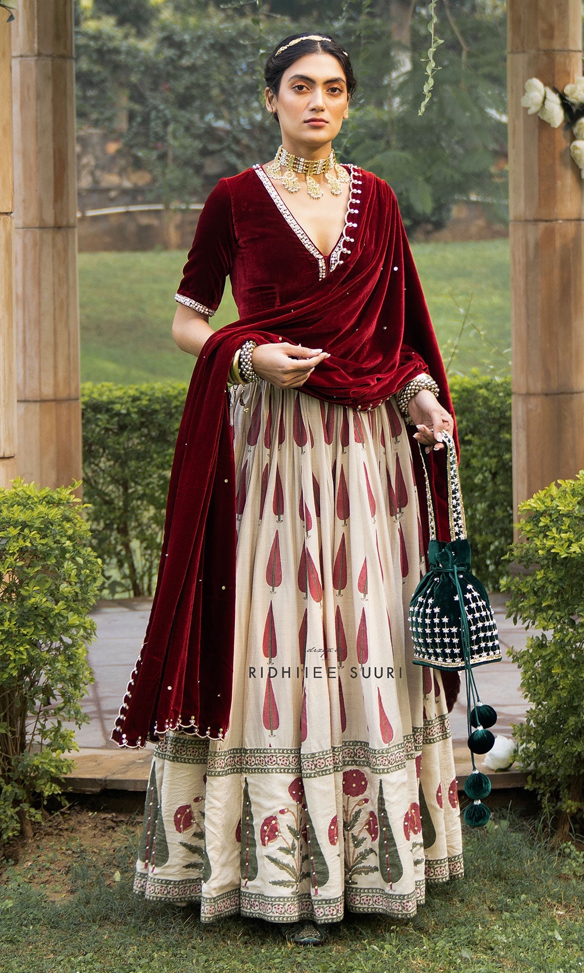 Bareen Mughals Red Block Printed Lehenga With Velvet Embroidered Blouse & Shawl- Sets Of 3