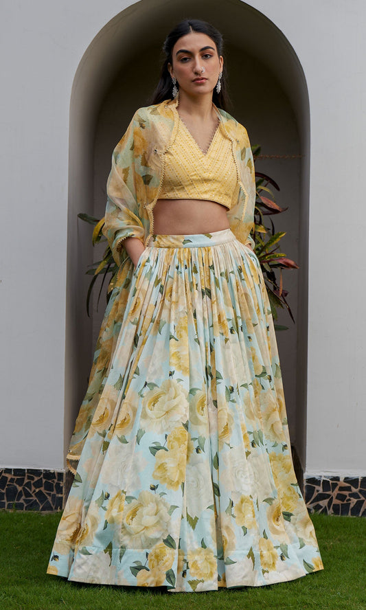 AZRA AQUA FLORAL PRINTED LEHENGA SET - SET OF 3