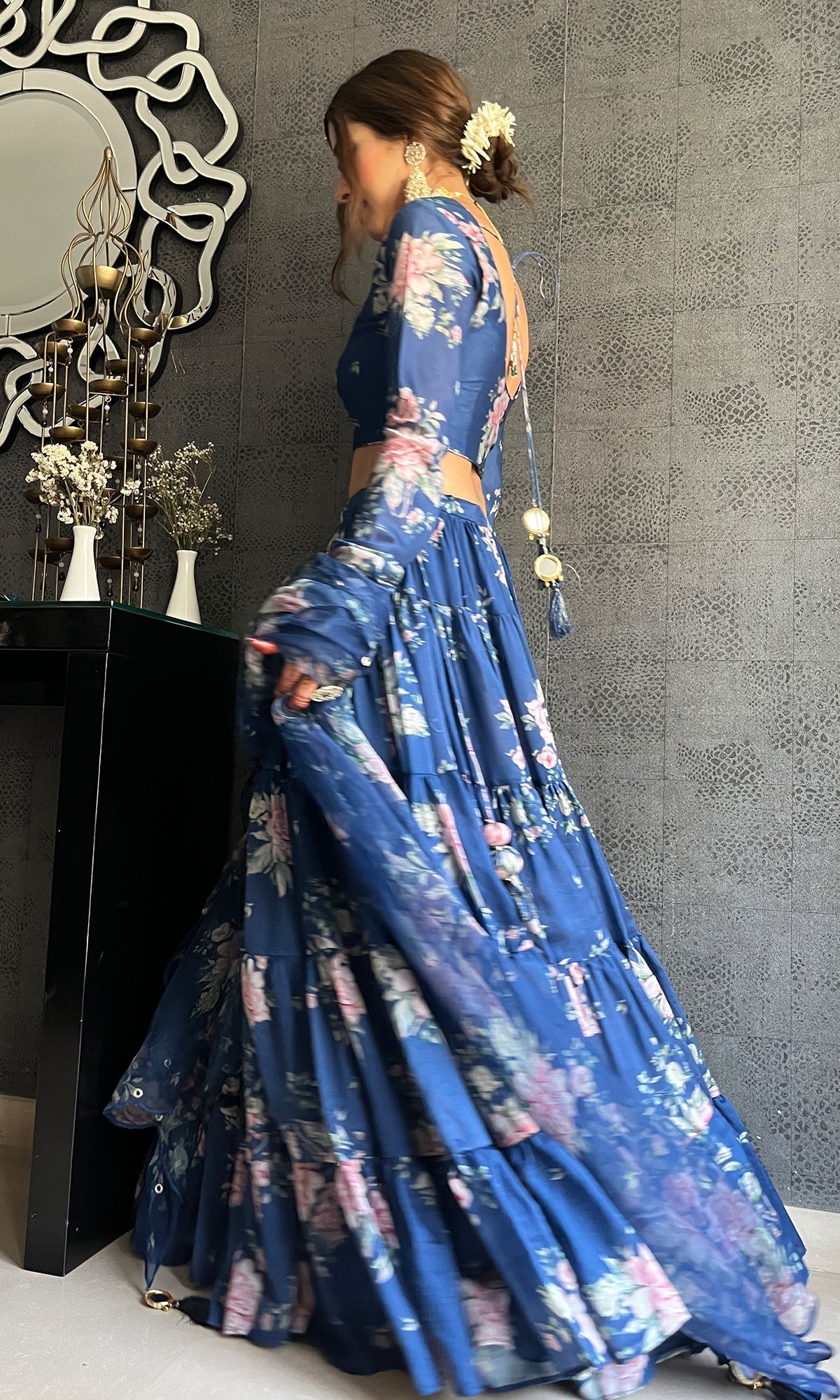 Sukhmani Gambhir in Falak Blue Floral print Gathered Lehenga with floral blouse and Dupatta- Set of 3
