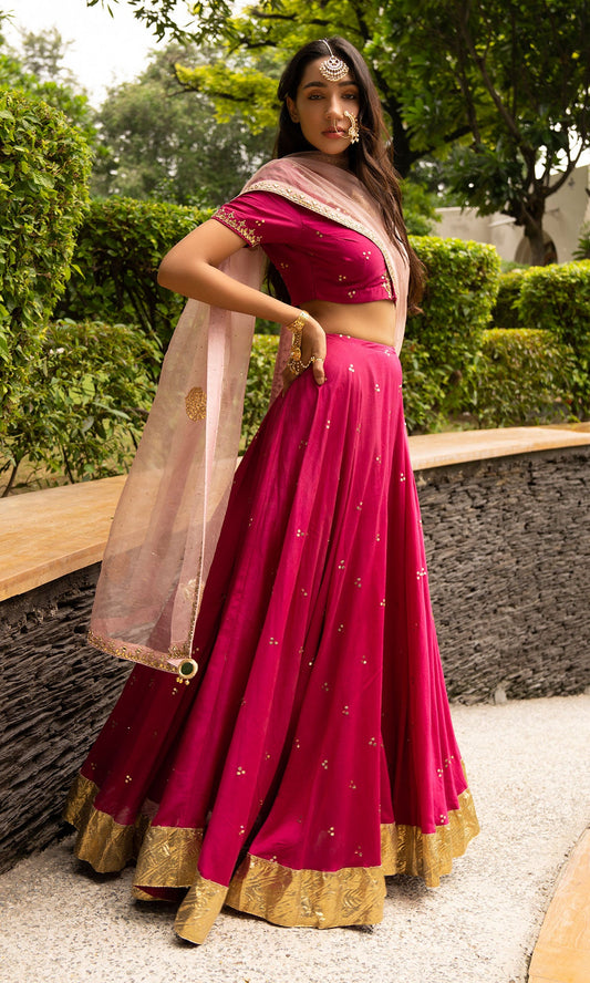 Jamaal Rani Pink Mukaish Chanderi Blouse with mukaish chanderi Lehenga and Organza Dupatta - Set of 3