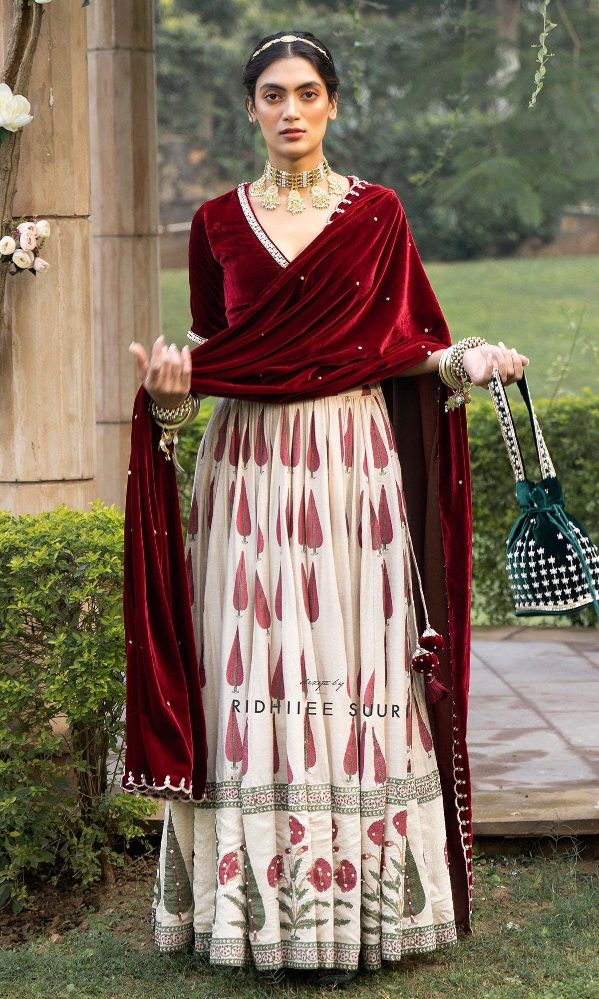 Bareen Mughals Red Block Printed Lehenga With Velvet Embroidered Blouse & Shawl- Sets Of 3