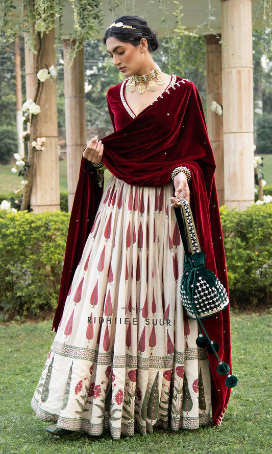 Bareen Mughals Red Block Printed Lehenga With Velvet Embroidered Blouse & Shawl- Sets Of 3