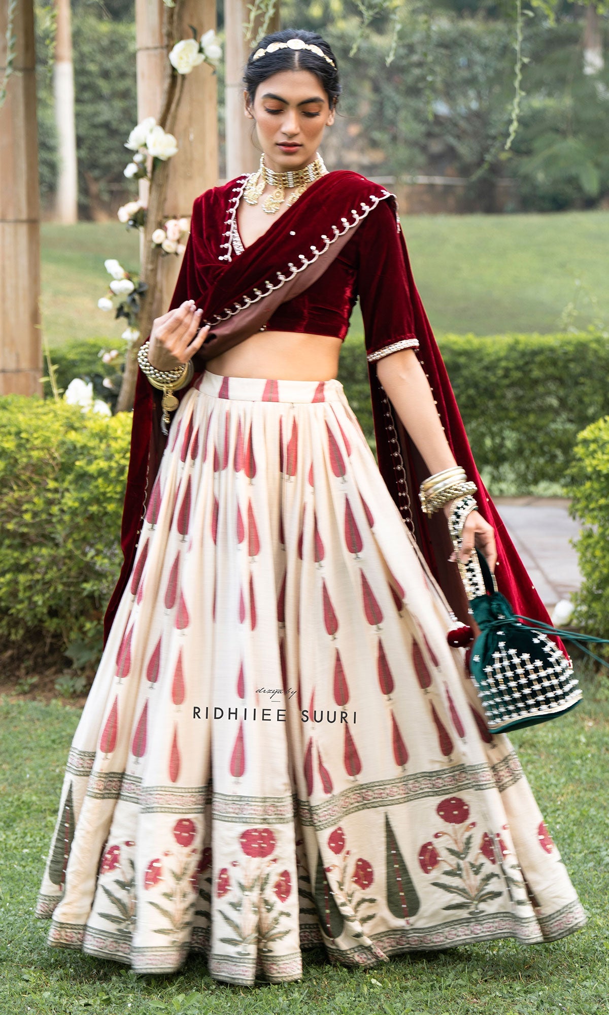 Bareen Mughals Red Block Printed Lehenga With Velvet Embroidered Blouse & Shawl- Sets Of 3