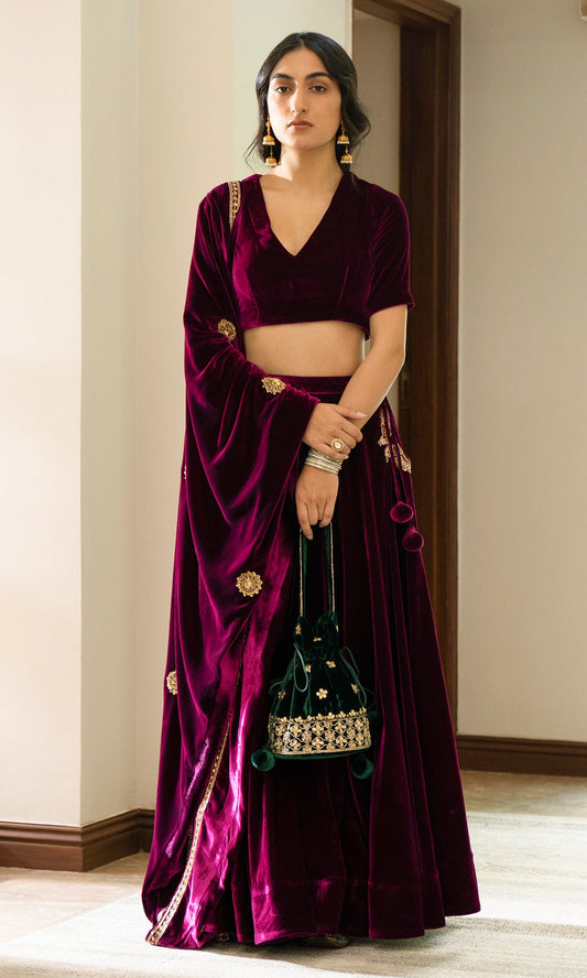 Bareen Embroidered  - Deep Orchid velvet Lehenga With Blouse - Set of 2