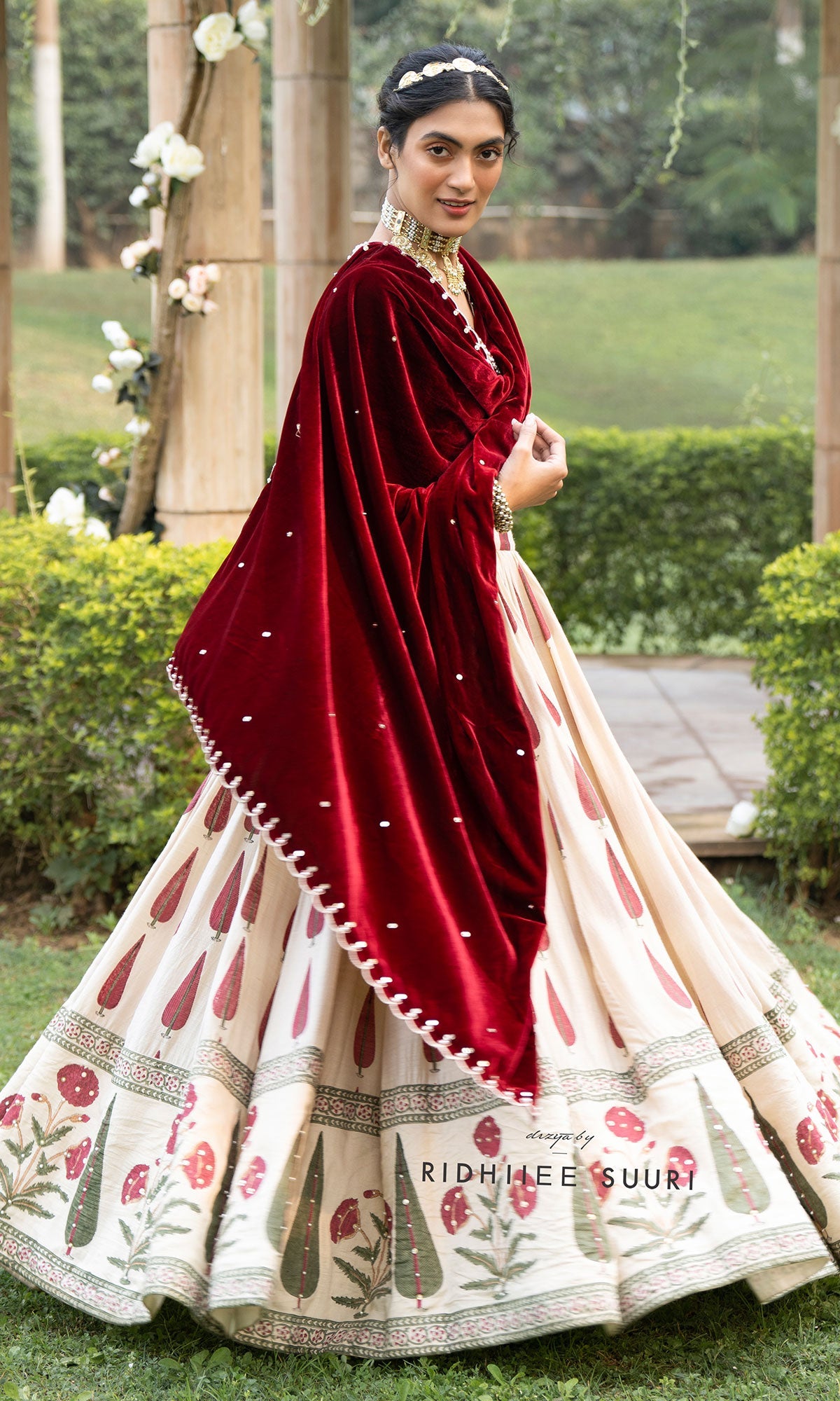 Bareen Mughals Red Block Printed Lehenga With Velvet Embroidered Blouse & Shawl- Sets Of 3