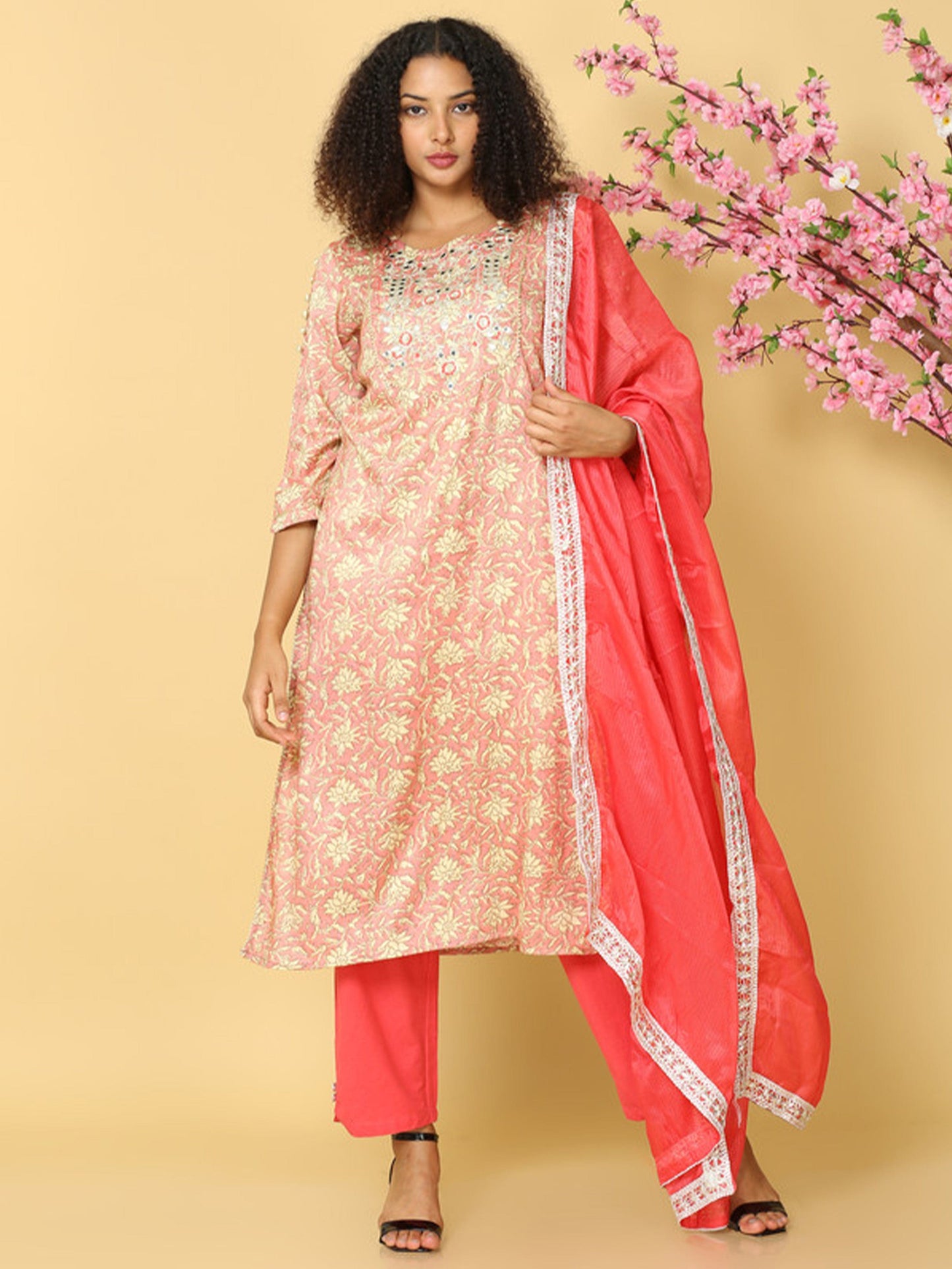 Hassu's Women Pink 3/4th Sleeves Cotton Floral Print Regular Calf Length Jewel Neck Kurta Set -With Dupatta