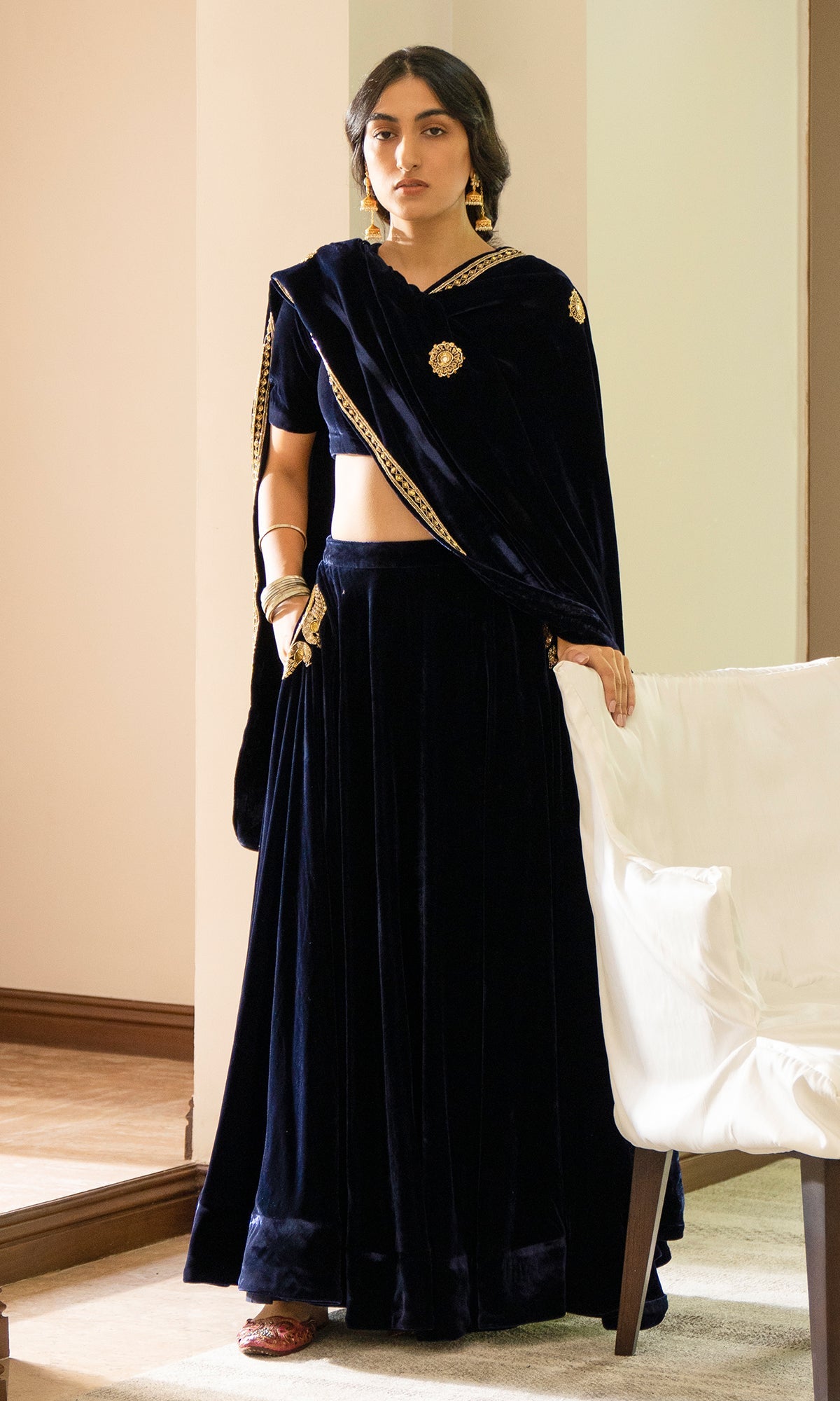 Bareen Embroidered  - Royal Blue velvet Lehanga With Blouse - Set of 2