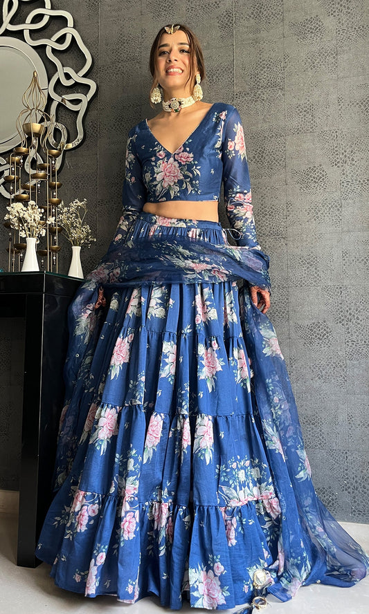 Sukhmani Gambhir in Falak Blue Floral print Gathered Lehenga with floral blouse and Dupatta- Set of 3