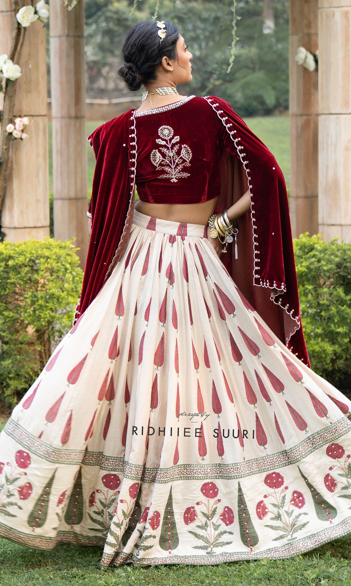 Bareen Mughals Red Block Printed Lehenga With Velvet Embroidered Blouse & Shawl- Sets Of 3