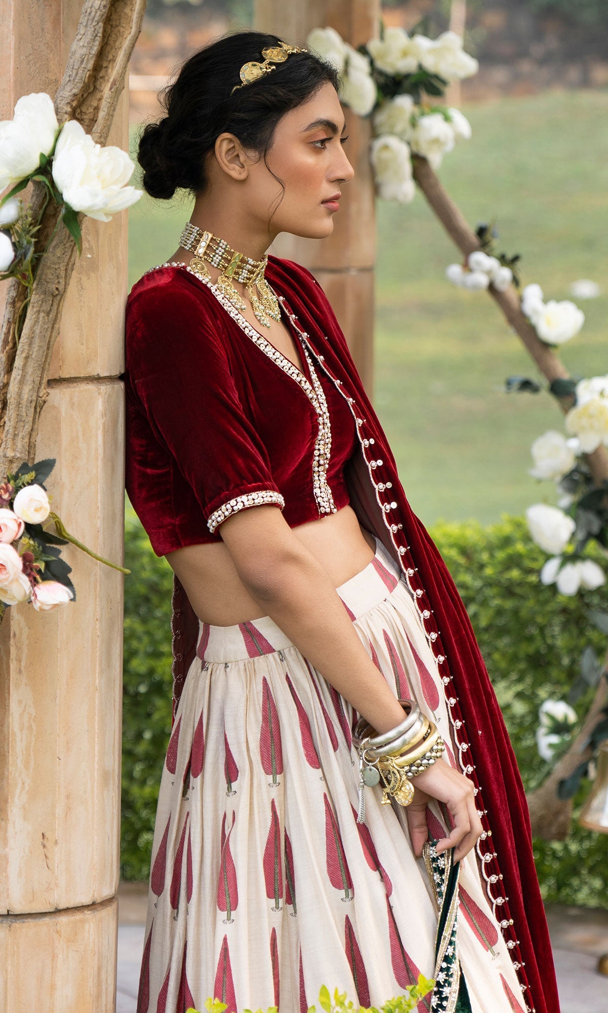 Bareen Mughals Red Block Printed Lehenga With Velvet Embroidered Blouse & Shawl- Sets Of 3