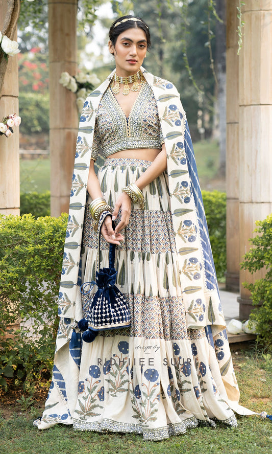 Bareen Mughals Royal Blue Block Printed Lehenga Set - Set Of 3