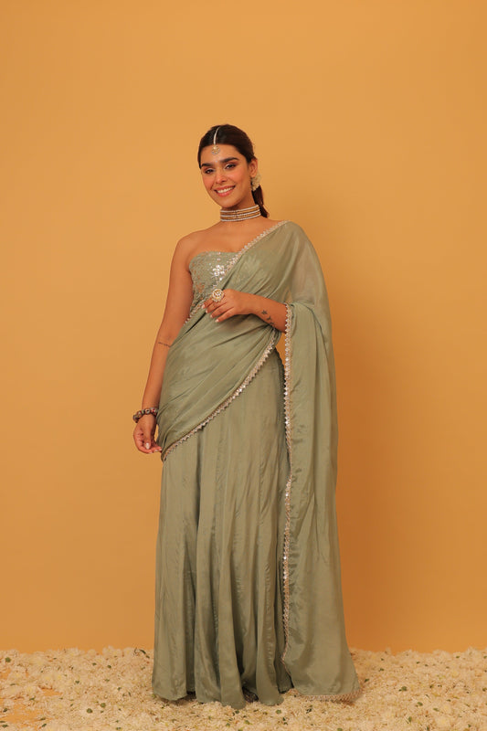 Nazaakat Mehfil Smoke Green Godet Sari set