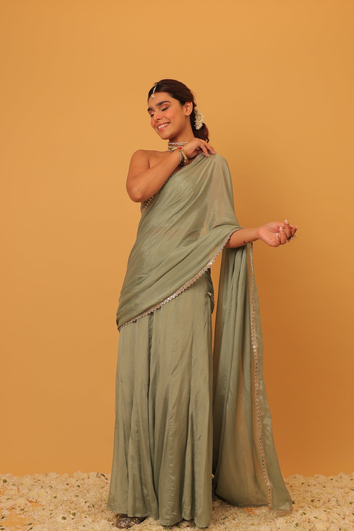 Nazaakat Mehfil Smoke Green Godet Sari set