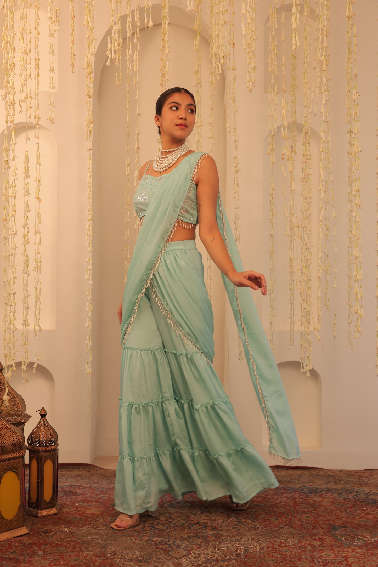 Nazaakat Mehfil Glacier Blue gharara Sari Set
