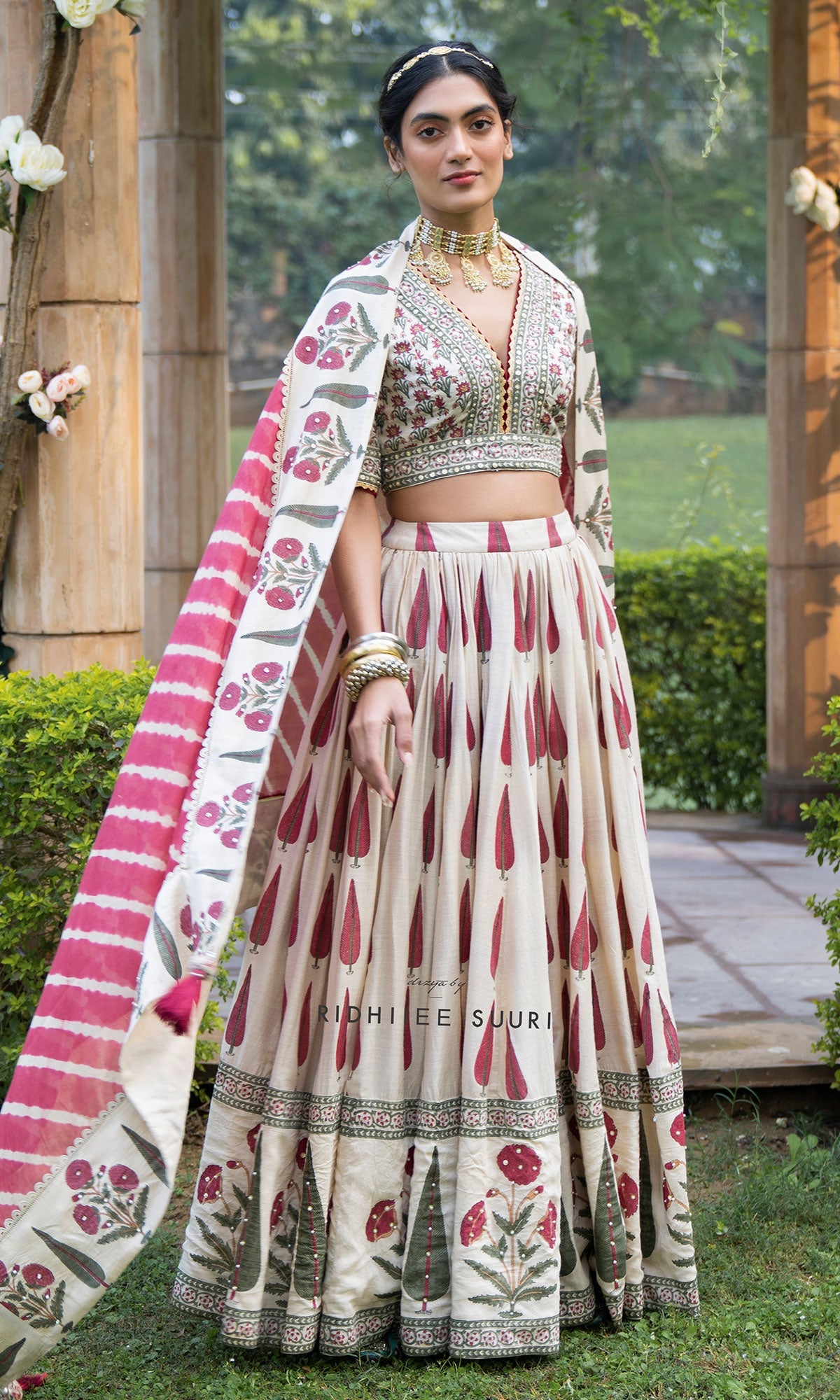 Bareen Mughal Red Block Printed Lehenga Set With Lehariya dupatta - Set Of 3 - Red