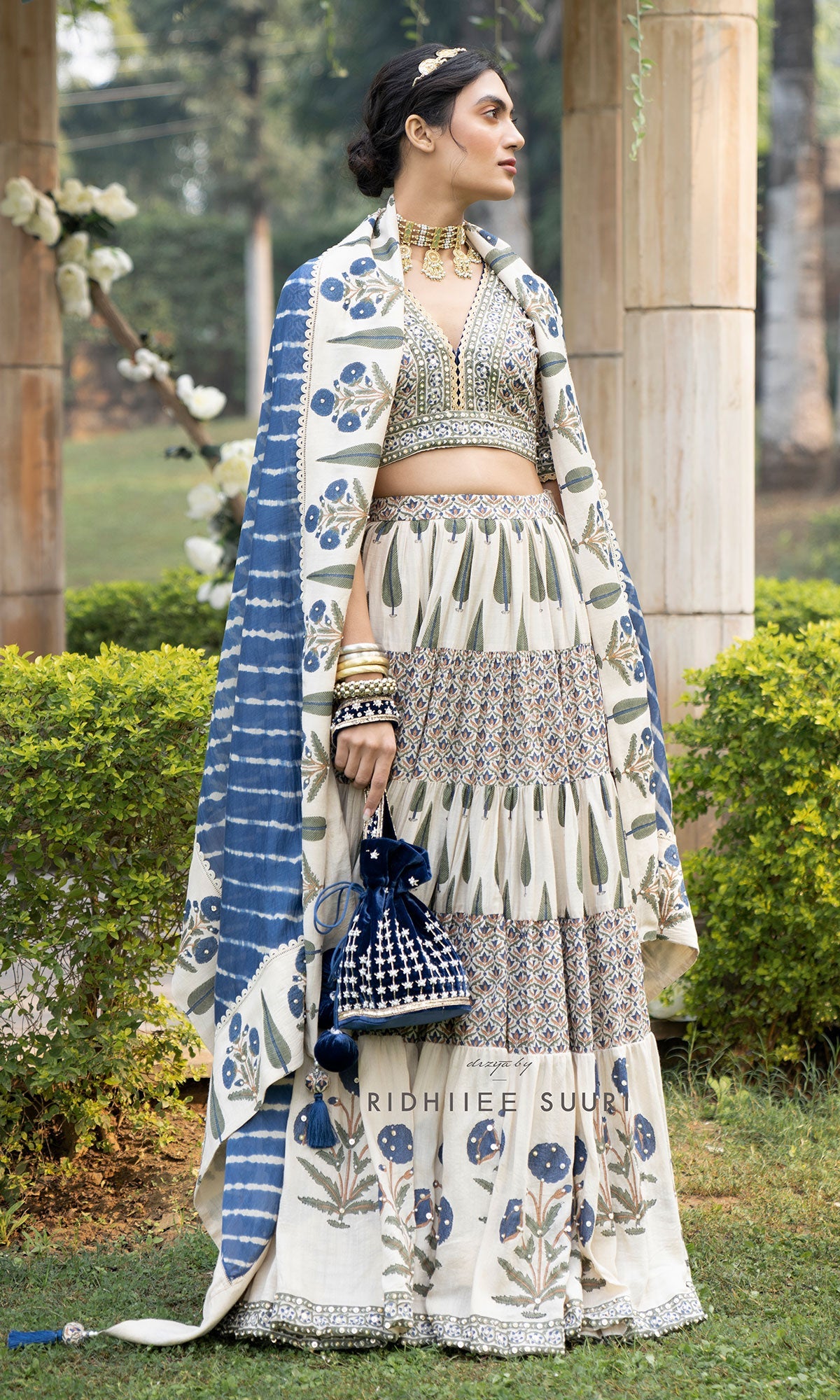 Bareen Mughals Royal Blue Block Printed Lehenga Set - Set Of 3
